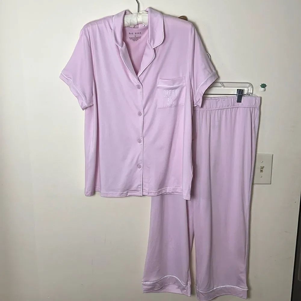 RAE DUNN. XL Pink White Button Notched Collar Short Sleeve Crop Pants PJ Set
